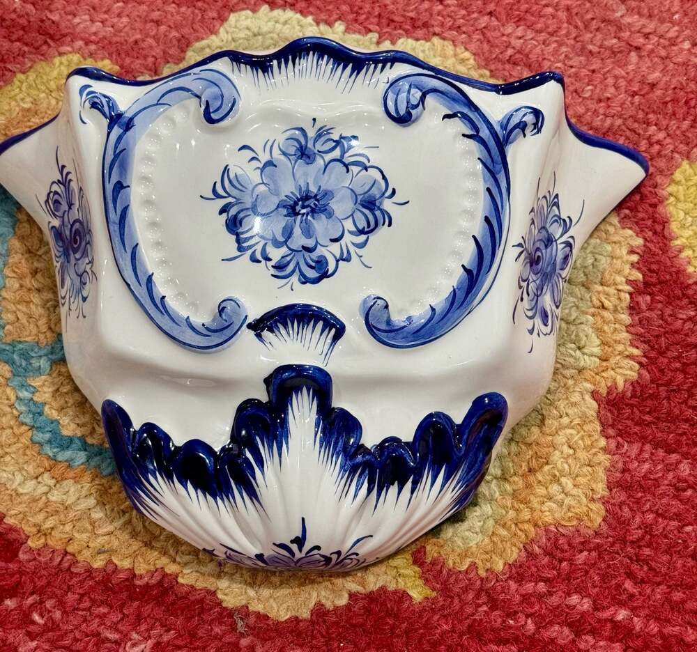 Vintage Vestal Portugal Blue White Wall Planter Hand Painted